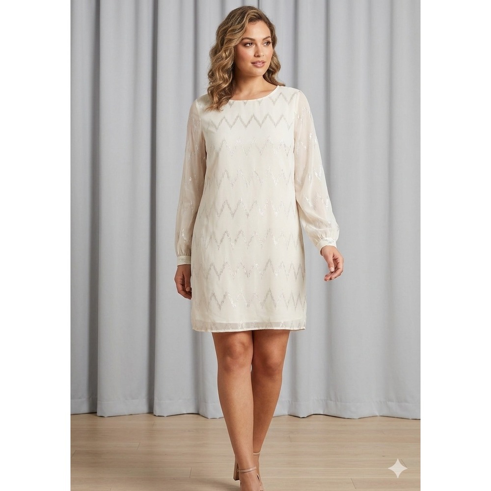 Everly Metallic Chevron Shift Dress Women SZ Large Cream Gold Excellent